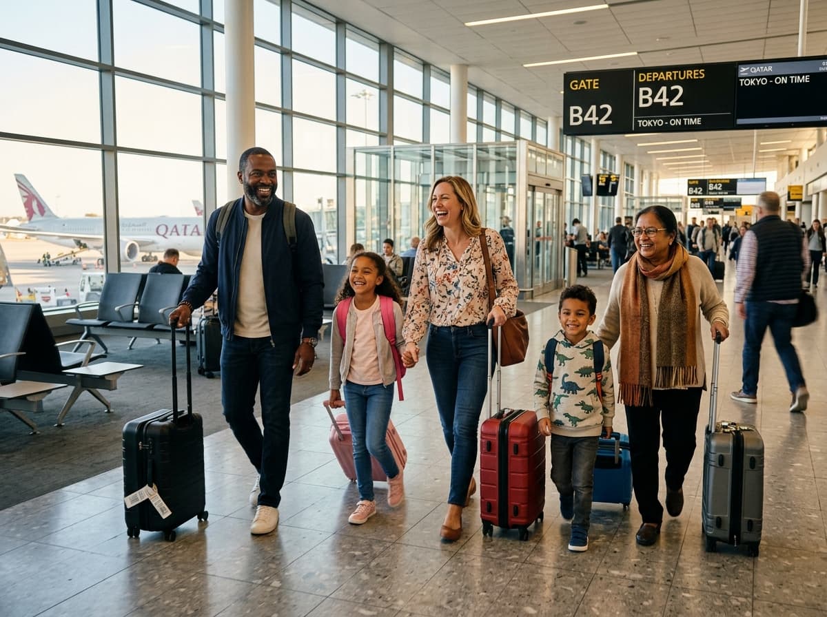 Family and travelers at international airport departure terminal