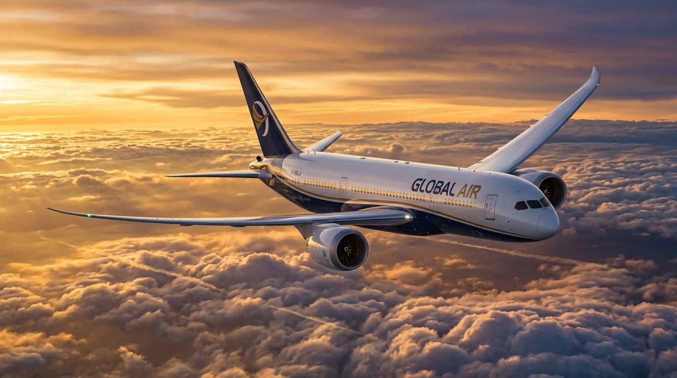 Commercial Flight in Golden Sunset Clouds